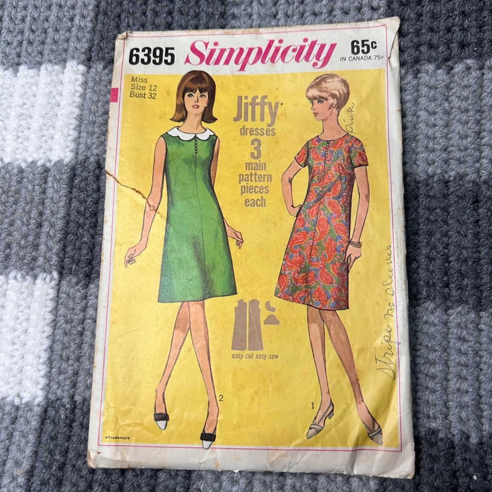 Simplicity Sewing Pattern 6395 Mod Dress 12 Multi 1960s Jiffy Shift Vintage CUT
